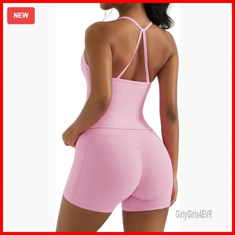 2 Piece Workout Set with Padded Sports Bra Tank and Booty Shorts with Pockets